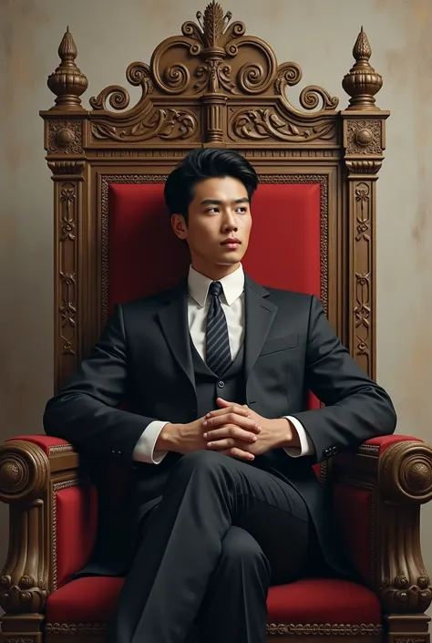 young asian man in his 30s with classic hair sitting in medieval armchair like a king
