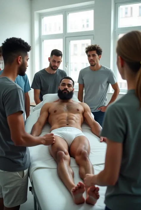 In an anatomy classroom, a young Puerto Rican man, stark, bearded and hairy, is lying on an examination table, wearing only white underwear. He is watched closely by a group of casually dressed students curiously standing around., all focused on learning a...