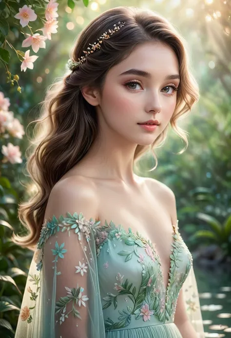 Ultra-high definition, exquisite details, (fidelity: 1.4), hyperrealistic portrayal, emphasizing intricate features, a single enchanting girl with a radiant and ethereal visage, softly illuminated collarbone, elegantly crafted fishtail gown adorned with so...