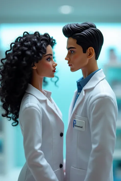 create two dolls with lab coats, pharmacy theme, the female with black curly hair and the male with short hair 