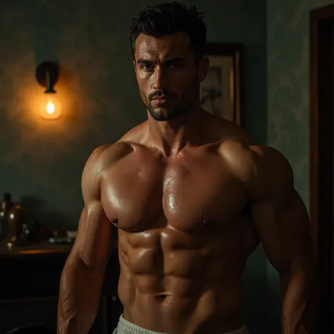 (best quality, masterpiece, ultra high detailed:1.2), A tall handsome muscular man, perfect facial features, sexy expression on face, perfect bare body, large chest, extremely large pectorals, big nipples, well-defined abs, short hair, detailed black eyes,...