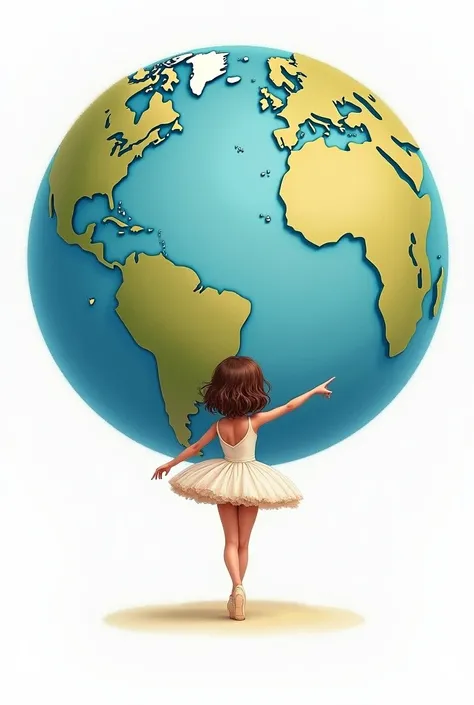 a ballerina pointing to Europe on planet Earth bigger than her big and beautiful and she stands below with her back turned, the most beautiful and biggest planet than her, on the other side the planet is on a white background, the ballerina has short brown...