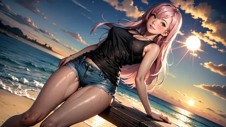 realistic, 1girl, long pink hair, green eyes, glowing eyes, see through tank top, short shorts, big smile, blush, shy, night, beach, sun, sunlight, camel toe, wet, beautiful girl