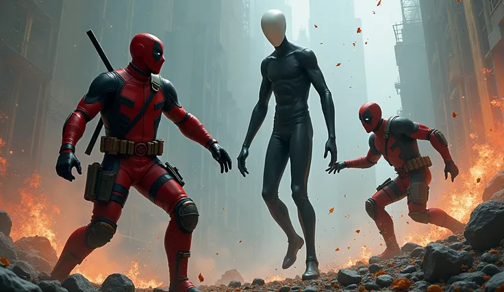 1 Astronaut guy, 1 Deadpool guy and 1 Slenderman with black suit fighting 1 black man together