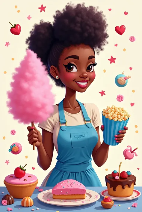 Drawing of a black woman with curly hair tied up in a blue apron holding a pink cotton candy in one hand and a bag of blue popcorn in the other hand with sweets and dreams 

