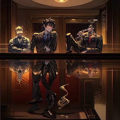 2 chimpanzees sitting around a table doing business in suits, one has long curly blonde hair and one short black hair, smoking weed, anime figurines on the table,