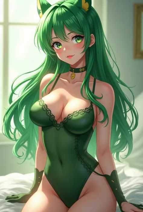 Green hair girl big breasts anime