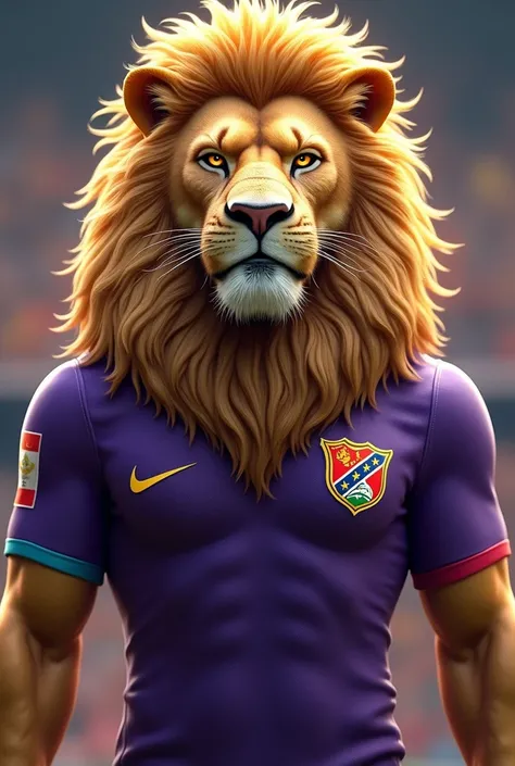 the lion; mascot of the Alajuelense sports league, Costa Rican football team, wearing a purple Saprissa sports shirt