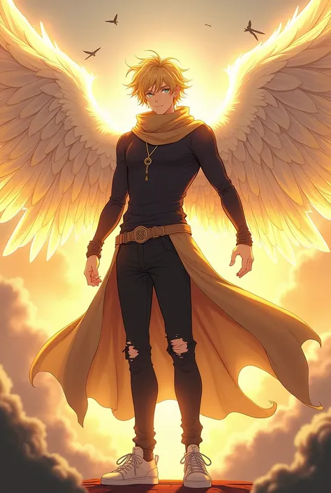 oc anime, male angel race, has fair skin and a pumped physique, has white and light colored wings that emanate a golden energy, golden hair and eyelashes of the same color, having a hairstyle like Meliodas from the anime Nanatsu no Taizai but more spaced o...