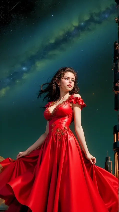 An exceptional pretty female, detailed steampunk red dress, cleavage, fantasy, floral, (symmetrical composition:1.25), (outstanding composition, masterpiece:1.4), (aesthetic:1.2), perfect composition, intricate details, ultra-detailed, night, starry sky, (...