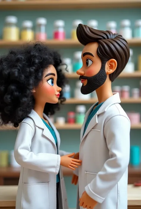 create two dolls with lab coats, pharmacy theme, the female with black curly hair and the male with short hair and a beard only on the chin and a mustache 