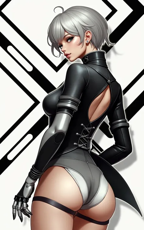 (masterpiece, best quality)), ((((perfect anatomy)))), Caucasian android woman with short silver hair, ((elaborate black dress)) (((white high cut leotard))), big butt, black eye-band, white and black gloves, digital black pattern background, (((photo real...