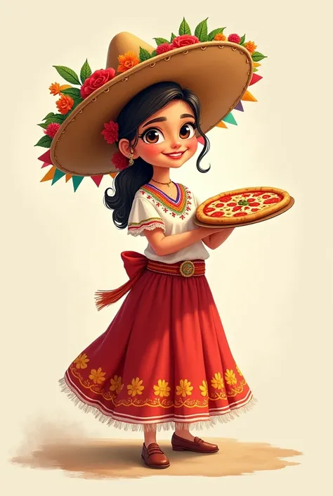 I would like to create an HD illustrated image for a school pizza sales stand, personifying pizza as a typical Chilean woman dressed as a huasa. with a light colored background