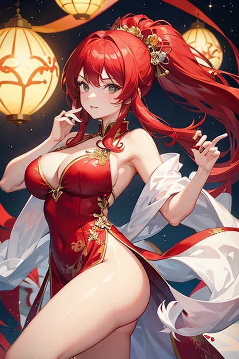 A girl, busty, Red hair, elegant china idol.