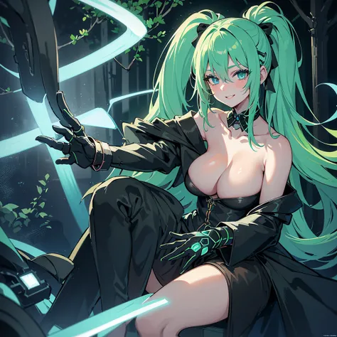 One beautiful Gynoid putting on black lace bra in the woods (long neon green hair, perfect breasts, soft neon blue eyes)1girl, Solo, Long Hair, High Resolution, Breasts, Blush, Smile, Jewelry, Hair Ribbon, Ponytail, Hair Clip, Large breasts, Parted Lips, M...