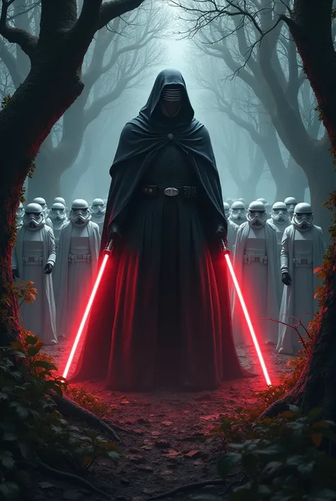 Vilain dark clothes with cap dark mask light sabre red all face covered mask in the forest  army behind with white unifor 