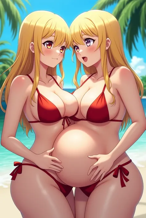 Two Hot obese blonde  anime girls
wearing bikini touching their bellies 