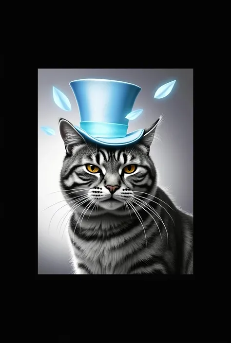 Thick-necked striped cat with top hat. in black and white