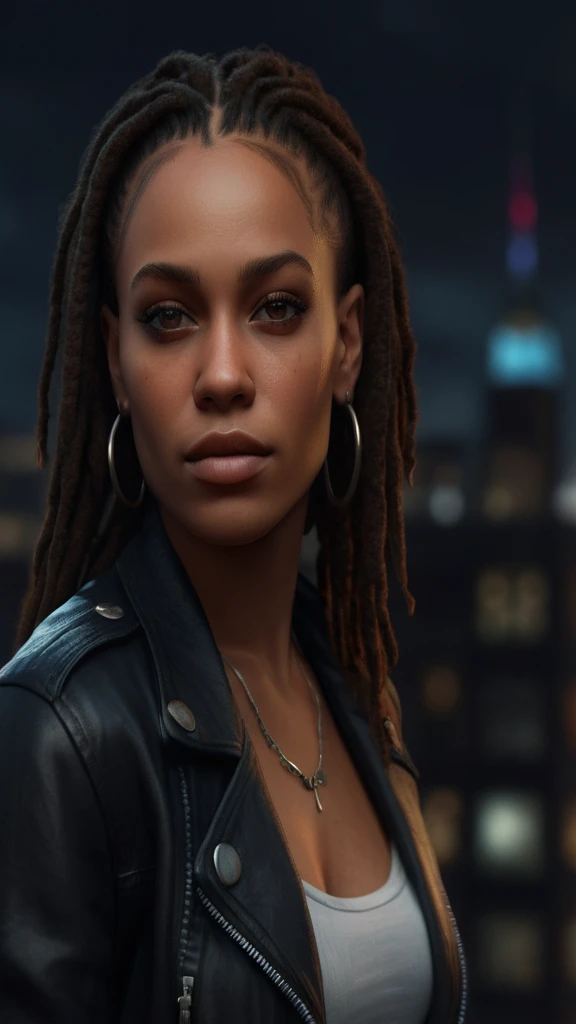 Black woman with dreadlocks standing in front of a city skyline, unreal 5. rpg portrait, cinematic realistic portrait, high quality portrait, realistic face moody lighting, photorealistic artstyle, beautiful city black woman only, detailed character portra...