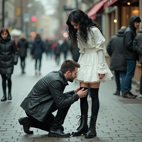 A man bowing down on the street kissing the feet of a gothic white woman standing, wearing a white dress, with black wavy hair, green eyes, black thigh high socks, combat boots. He is kissing her boots, his face is on her boots. In a public sidewalk, hyper...