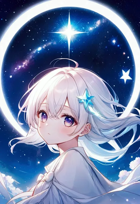 anime girl with long white hair and a star in her hair, white haired deity, anime girl with cosmic hair, star(sky) starry_sky, anime visual of a cute girl, splash art anime , white glowing aura, girl with white hair, ethereal anime, akasuki voidstar, celes...