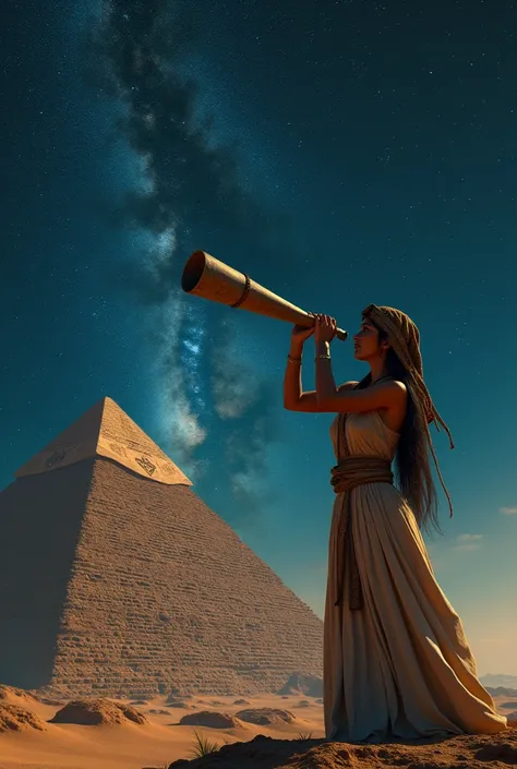 
A photorealistic image of a female astronomer from ancient Egypt, gazing through a crude telescope made of clay and obsidian. She is standing on the roof of a pyramid, bathed in moonlight. The Milky Way stretches across the night sky, and the constellatio...