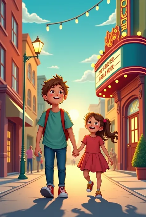 create an image of two children in Cartoon format of a brother taking his younger sister to the cinema to see a movie.