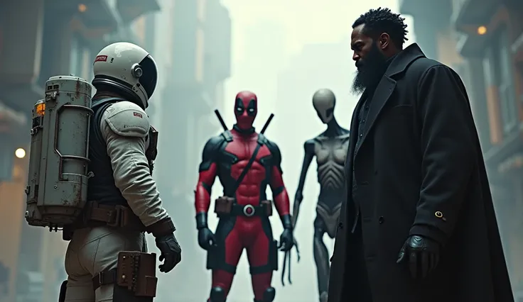 An Astronaut guy with 1 Deadpool guy and 1 Slenderman with black suit together vs 1 black man with beard and curly hair