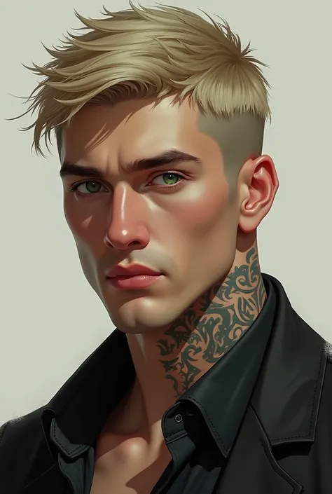 Create a drawing of a man with short blond hair,green eyes and neck tattoo. 