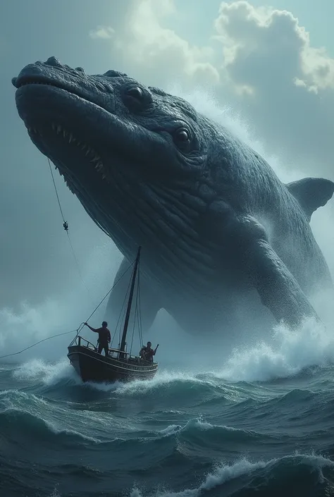 Big whale attacking a fishing boat