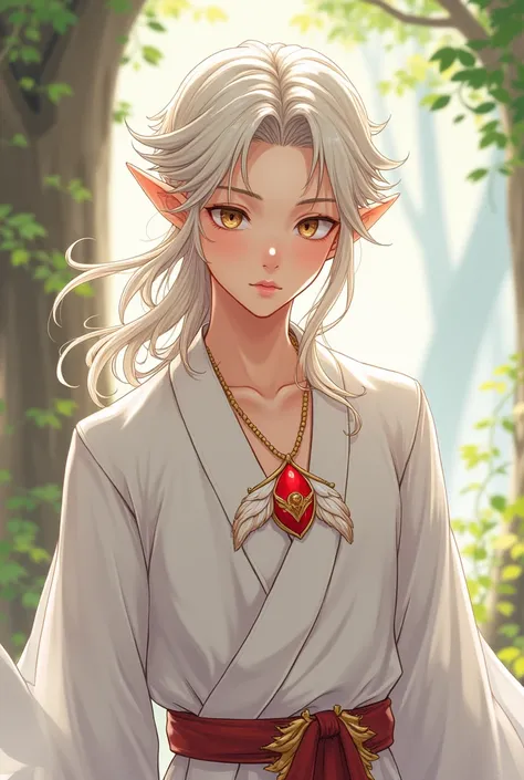 a young elf man with delicate features and fair hair wearing white robes with a symbol of a red heart with a white feather on his chest in anime style
