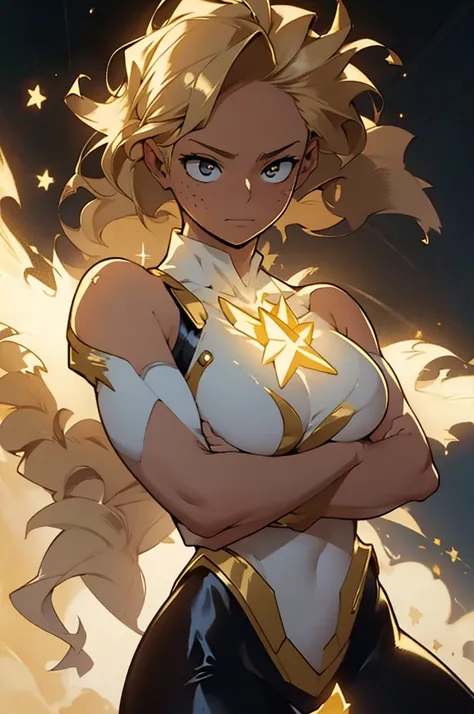 A striking image of a young heroine with straight blonde hair that falls just above her shoulders, her expression determined and focused. Her eyes are a captivating shade of gold, shining with resolve, and her face is dotted with delicate freckles. She wea...