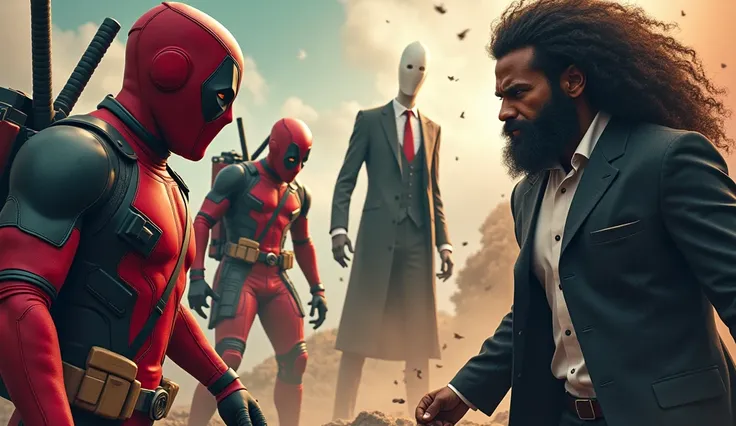 An Astronaut guy with 1 Deadpool guy and 1 Slenderman with suit together vs 1 black man with beard and curly hair