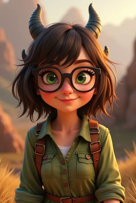 a plump woman with large glasses and green eyes , brown bob with bangs that looks a bit cheeky and happy. She dragon rider.  In Pixar style