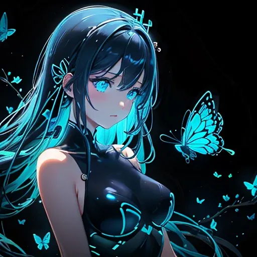 Many blue butterflies、Background black、Line Art、Neon lights