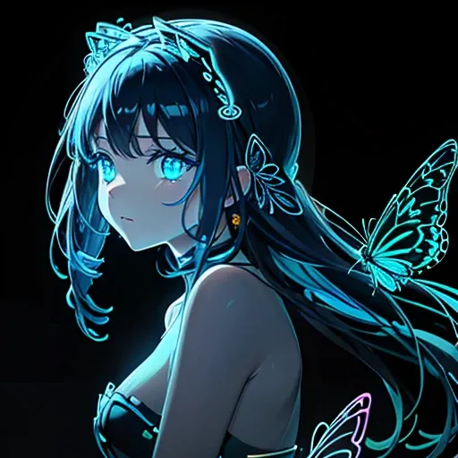 Many blue butterflies、Background black、Line Art、Neon lights