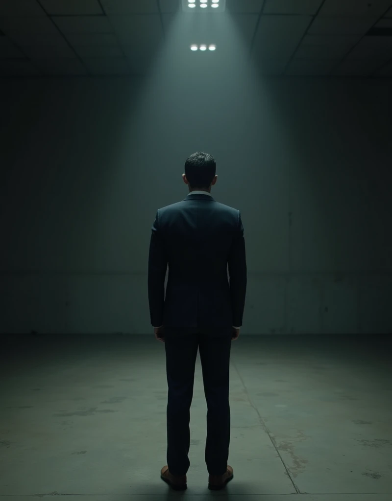 an amateur professional wearing a cheap suit. the environment is dark and empty.