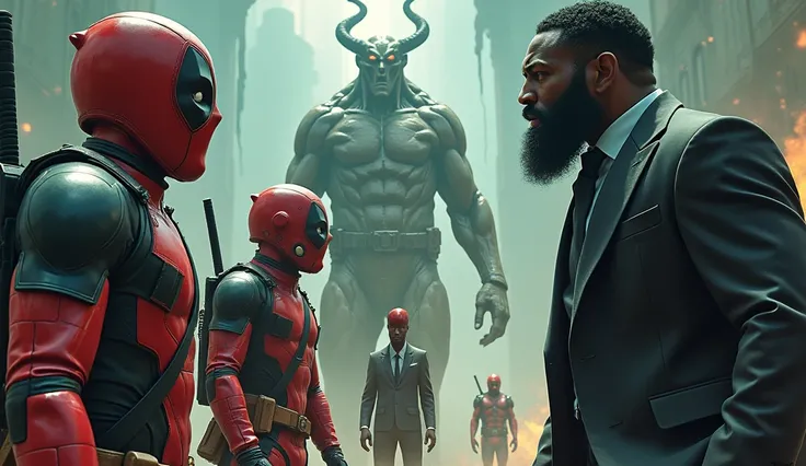 1 Astronaut guy with 1 Deadpool guy and 1 Slenderman with suit together vs 1 black man with beard and curly hair