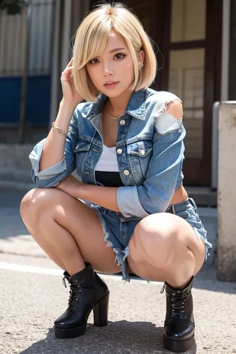 Short Hair　Blonde　Denim mini skirt　sexy　Squatting panchira