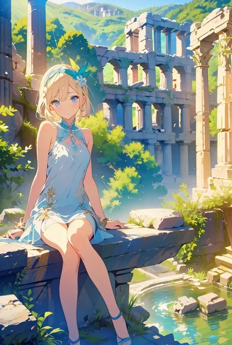 Beautiful blue-eyed blonde girl with a nice body wearing a short transparent dress and a leaf headband sitting on a rock at the foot of some Greek ruins 