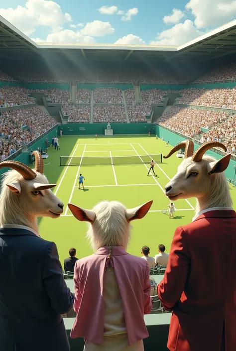 Vue panoramique dun stade de tennis avec des chèvre habillées qui regarde des autres chèvre qui joue au tennis.