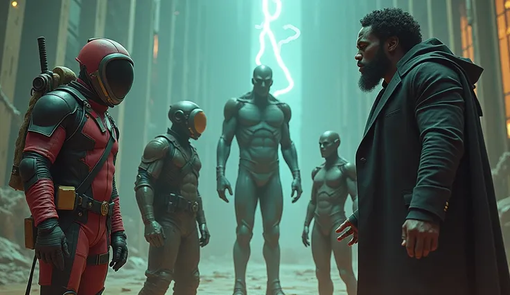 1 Astronaut guy with 1 Deadpool guy and 1 Slenderman with suit together vs 1 black man with beard and curly hair