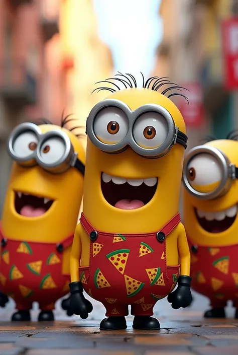 Minions wearing clothes with a print that says amopizza