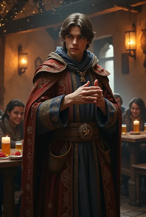 Make me an image of a medieval wizard Without a head accessory Inside a tavern With a youthful appearance 