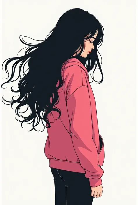 A very thin girl from behind with a pink hooded jacket. It&#39;s long black hair, falling, down to the lower back in a graphic style. 2D comic strip