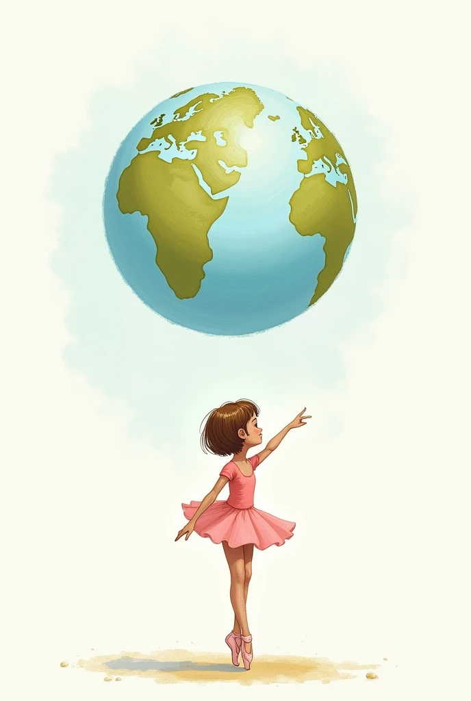 a ballerina pointing to Europe on planet Earth bigger than her big and beautiful and she stands below with her back turned, the most beautiful and biggest planet than her, on the other side the planet is on a white background, the ballerina has short hair ...