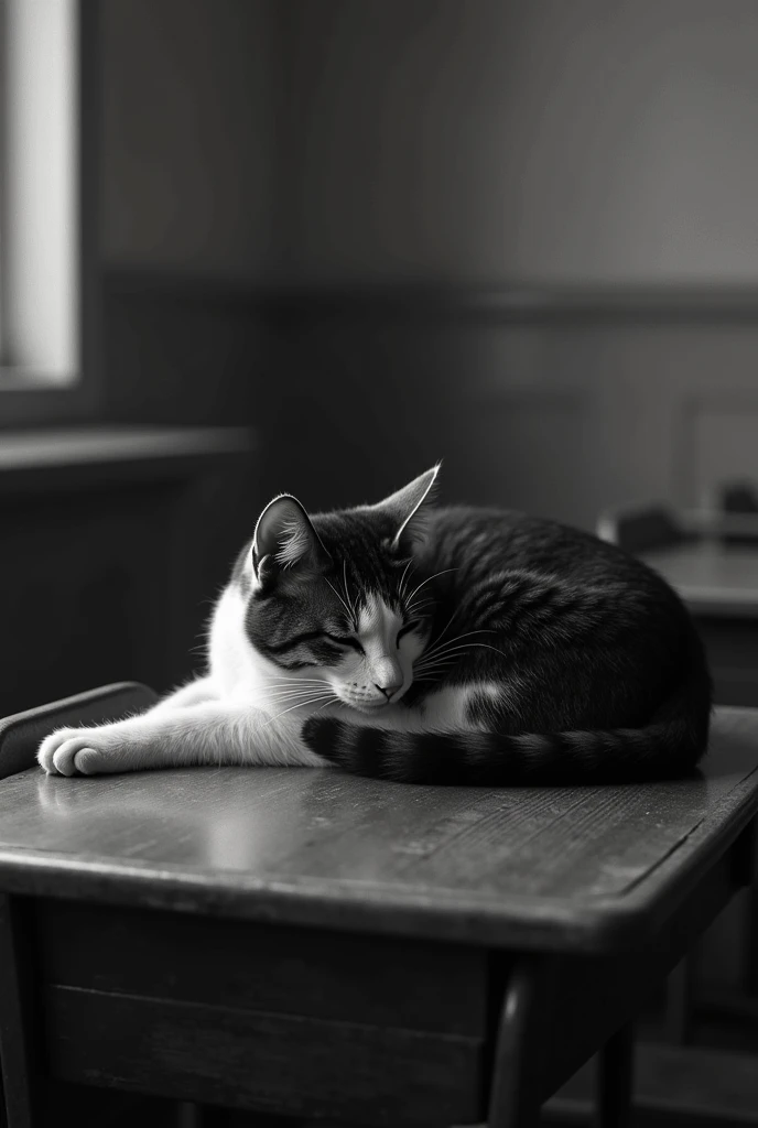 CREATE A BLACK AND WHITE CAT SLEEPING ON THE SCHOOL TABLE 