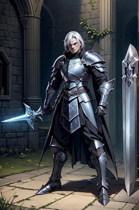 A man in armor holding an Excalibur sword and a Mighty Shield of Darkness, powerful boots, pale black armor, evil knight, in monster hunter armor, with Robert Pattinson&#39;s face, similar to Marvel&#39;s Black Knight, very strong, Marvel Hero style, 8k, b...