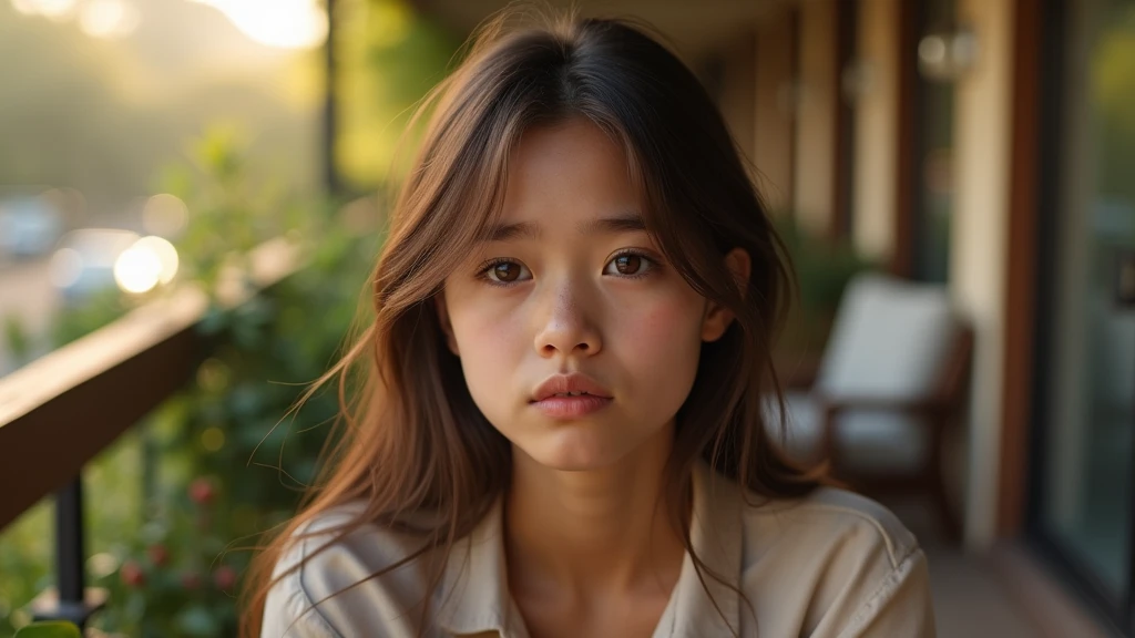 Ultra-realistic portrait of a 1 Western teenage girl, with brown hair and expressive eyes that reflect worry and hesitation. Her face shows signs of introspection. She is wearing a casual blouse. She must be looking at the camera. The portrait should be fr...