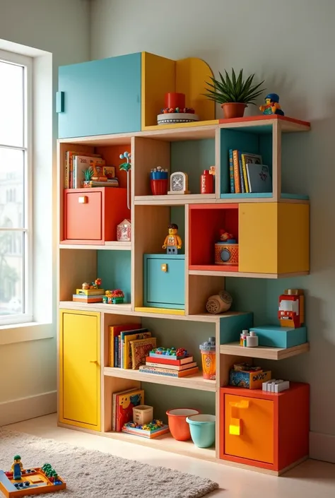 Make an innovative storage shelf for Legos that has smaller and creative compartments for a child between 4 and  
